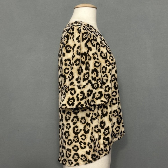 Y2K Animal Print Womens Top M Derona Surplice Beige Leopard Ruffle Classic Mob - Picture 6 of 13